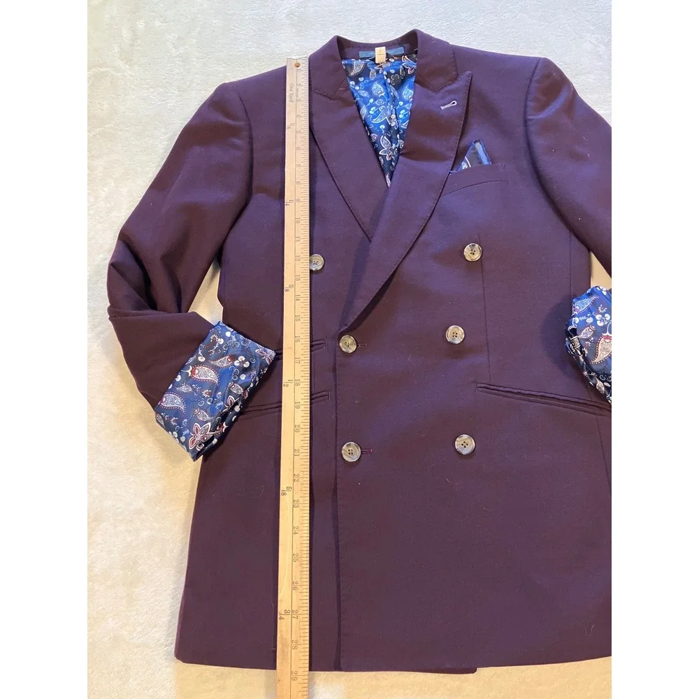Indochino Double Breasted Blazer Mens 38 Burgundy Paisley Lining Peak Lapel
